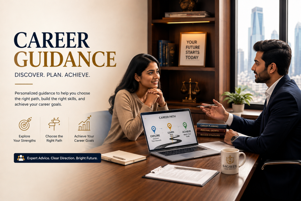 Professional career guidance session for law students in India with an expert legal mentor discussing career planning, internships, and future opportunities in the legal profession.